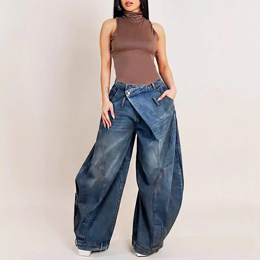 Y2k Jeans Wide-leg Pants Women Vintage Irregular Loose Cowboy Pants Mid Waist Wash Distresses Floor Length Harajuku Trouders