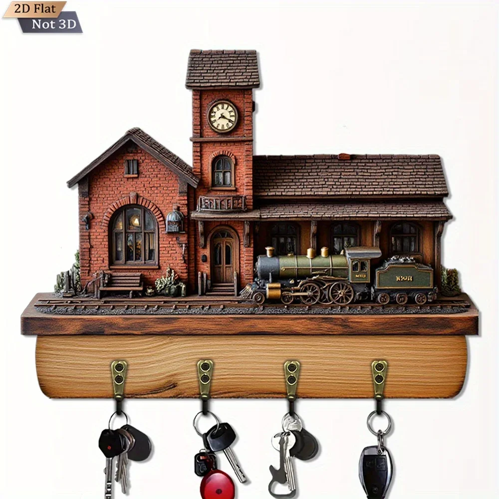 2D Flat, 1pc, Retro Train Station Model Key Hook, Wooden Multi-Purpose Home Key Holder with Four Metal Hooks, Suitable for Wall