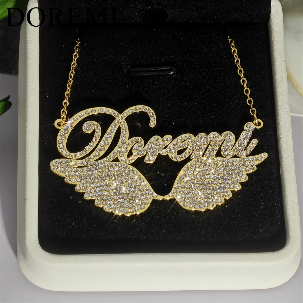 DOREMI Stainless Steel Cursive Crystal Zircon Name Necklace Girls Jewelry Custom Name Necklace Personalized Angel Wings Necklace