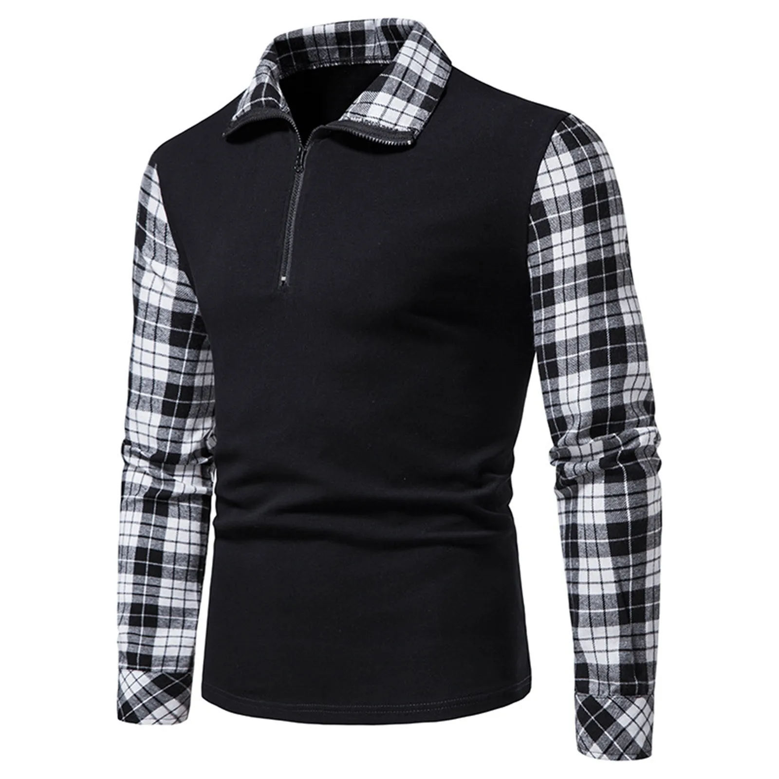 Men\'s Polo Shirt Zipper Long Sleeve Business Pullover Tops Formal Work Plaid Splice Tee Casual T Shirts For Men Clothing