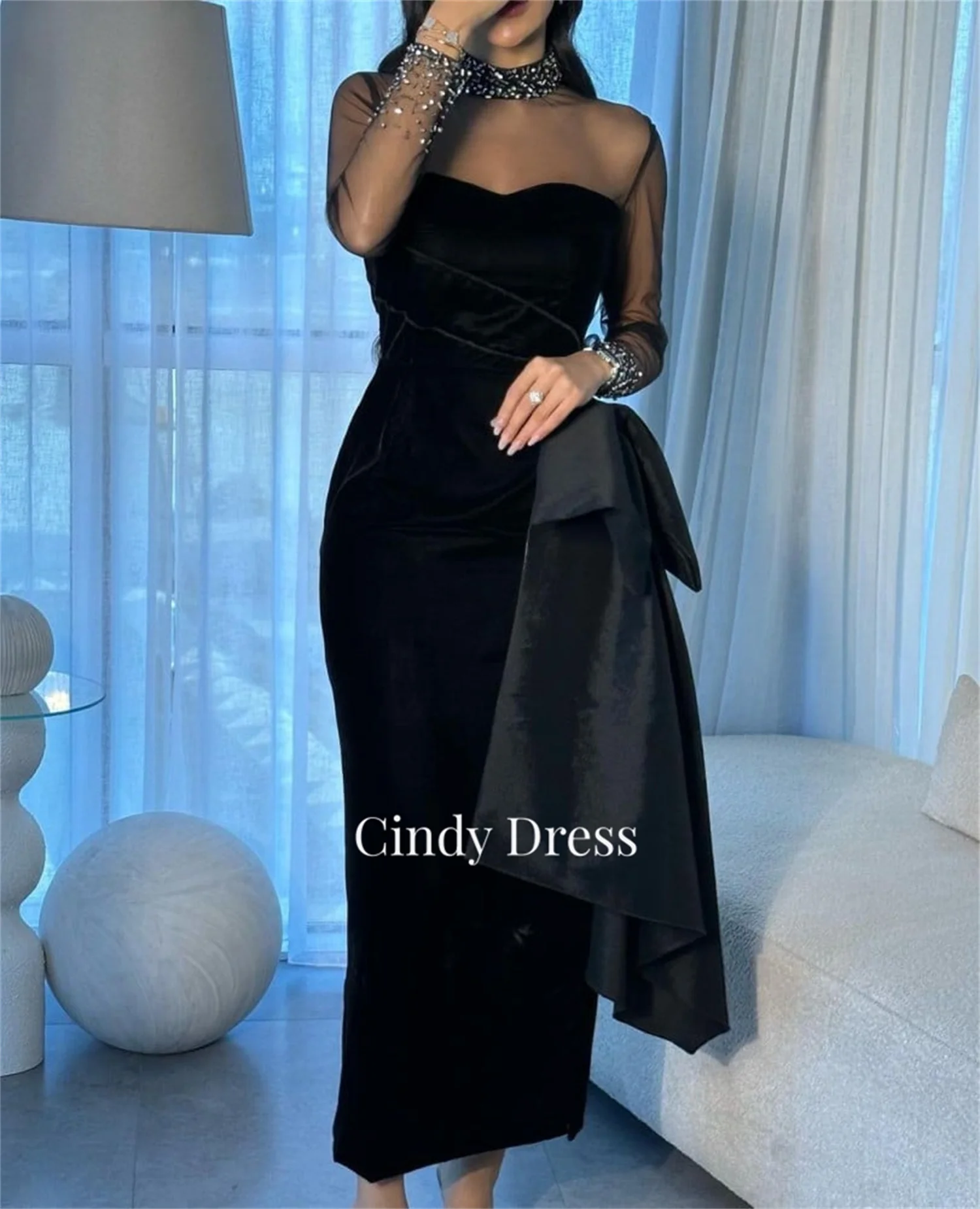 Party Dress Medium Length Black Velvet Grace Cocktail Dubai Luxury Evening Formal Bride Dresses Wedding Elegant Women Customized