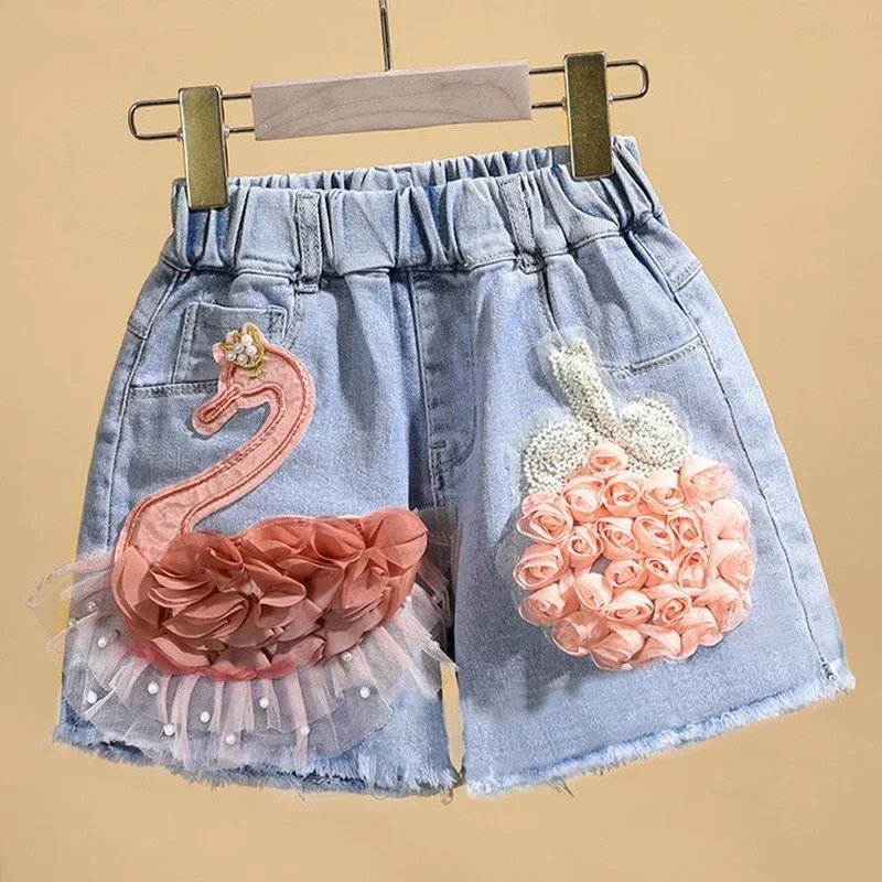 

Baby Girl's Summer Cotton Denim Shorts Pants Toddler Kids Cute Swan Flower Soft Jeans for Teenager Girls Children Clothing