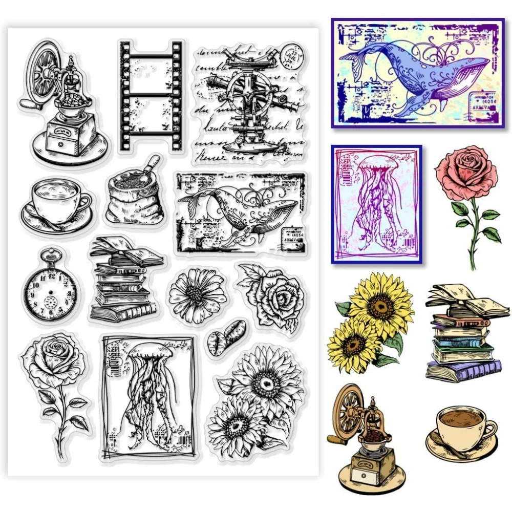 Film Frame Clear Stamp, Vintage Flower Rubber Stamps Coffee Silicone Stamp Book Transparent Stamps for Card Making Photo Album