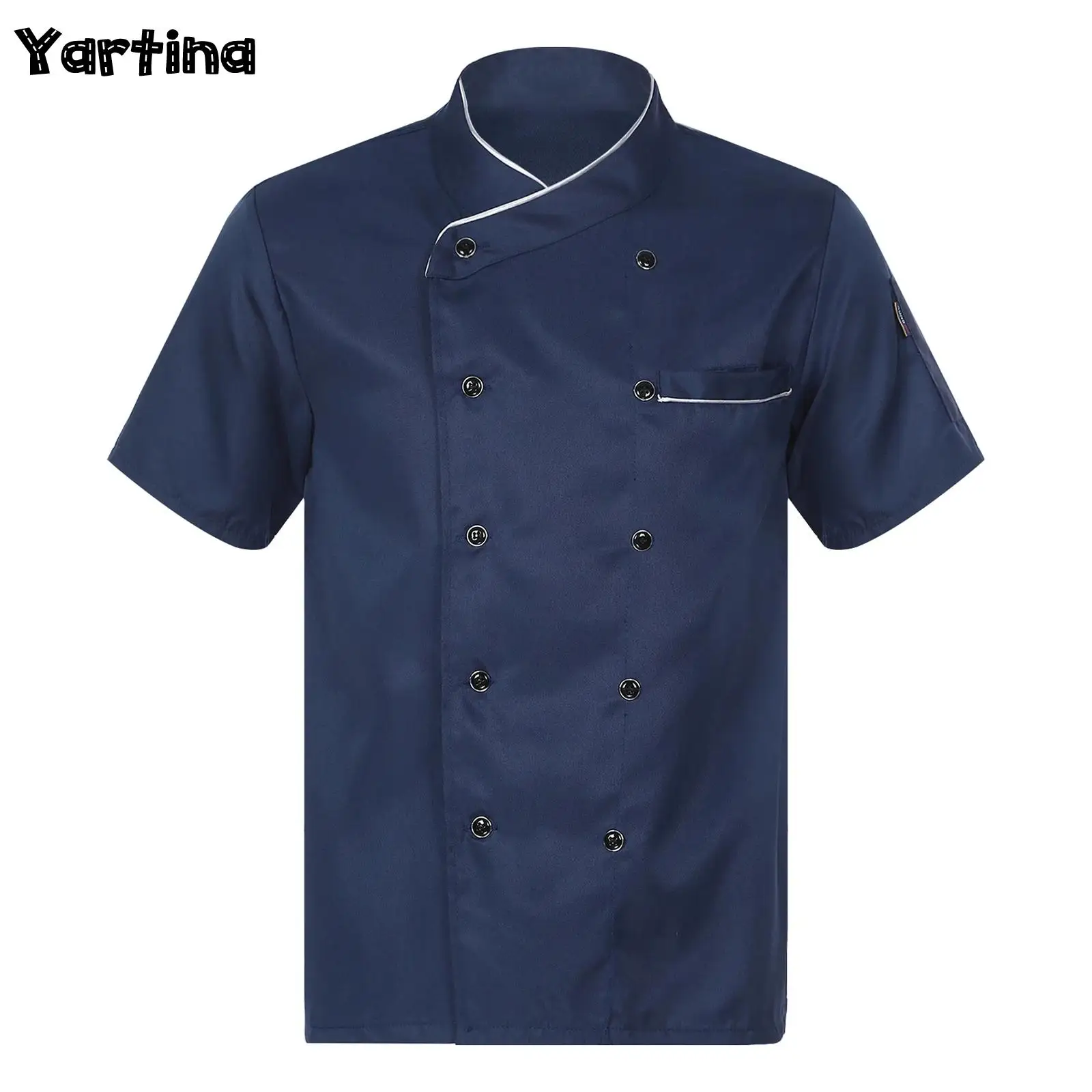 Mens Womens Unisex Double-Breasted Chef Coat Food Service Trimming Cooks Jacket Hotel Restaurant Canteen Kitchen Work Uniform