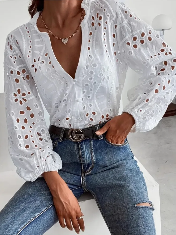 

Spring And Autumn Comfortable Casual Top Women's Fashion Personality Simple Solid Color Hollow Lace Loose Long-sleeved Shirt