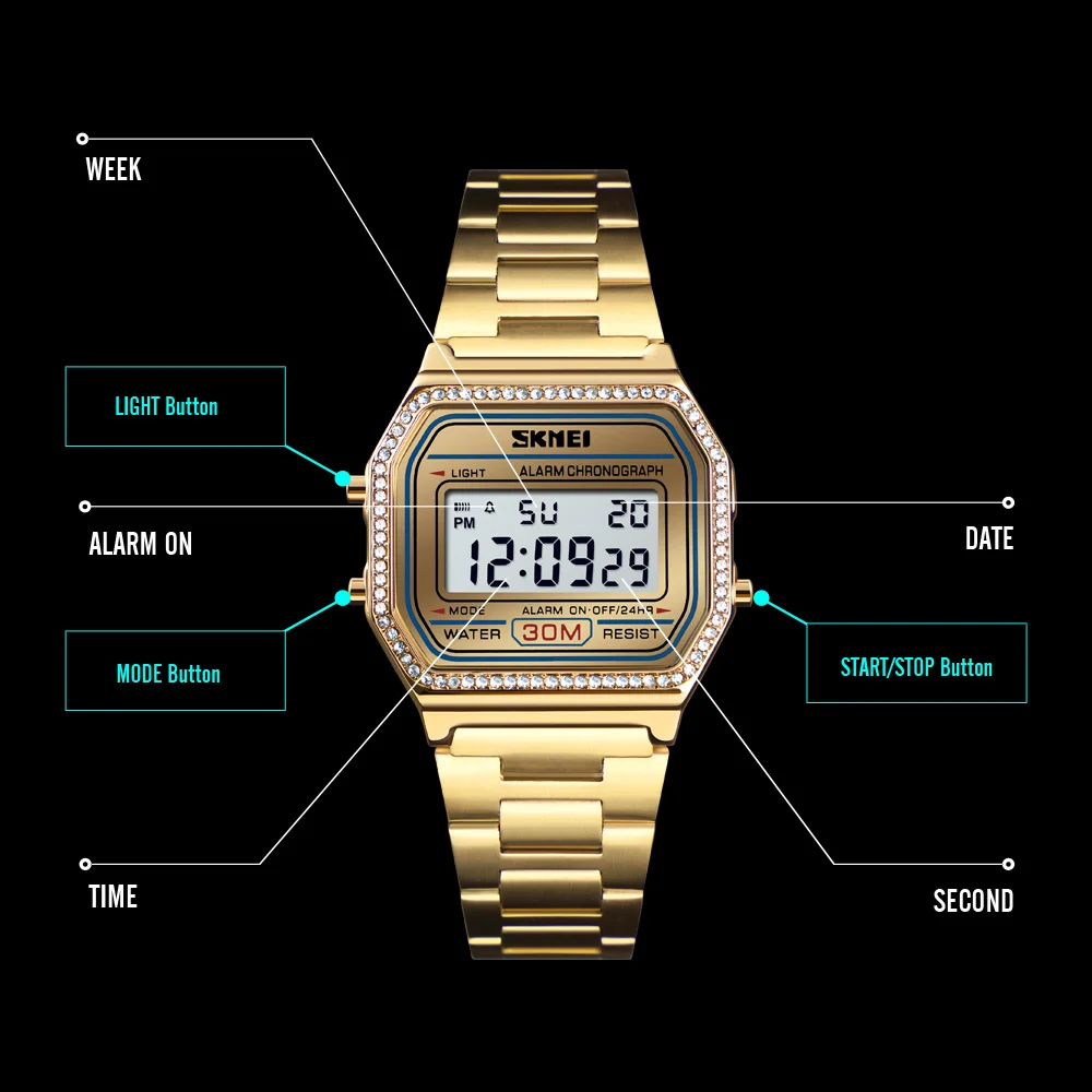 SKMEI Outdoor Sports Student Watches for Women Fashion Rhinestone Dial Retro Square Digit Watch Fashion Steel Waterproof Wristwa