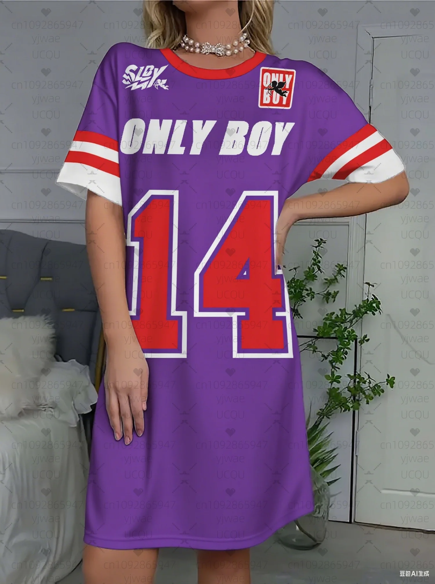 2025 Summer  Women T-Shirt Dress sleep ONLY BOY 14  printed O-Neck Lady Short Sleeve Pullover Dresses Women nightdress