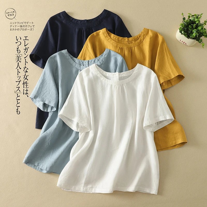 

Cotton Linen Round Neck T-shirt Women's Summer New Korean Fashion Simple Basic Paragraph Short-sleeved Versatile Casual Tops