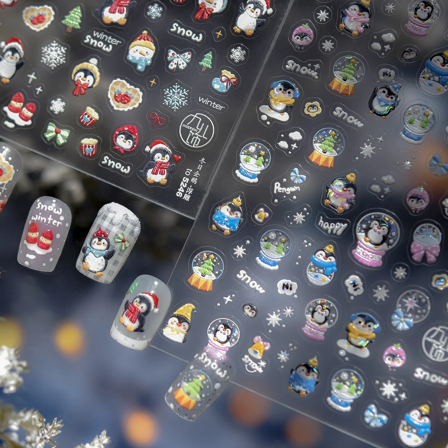 

Snowflake Penguin Nail Stickers Shell Light 5D Embossed Sticker For Nails Christmas Crystal Ball Snow Bow Nail Art Stickers Deco