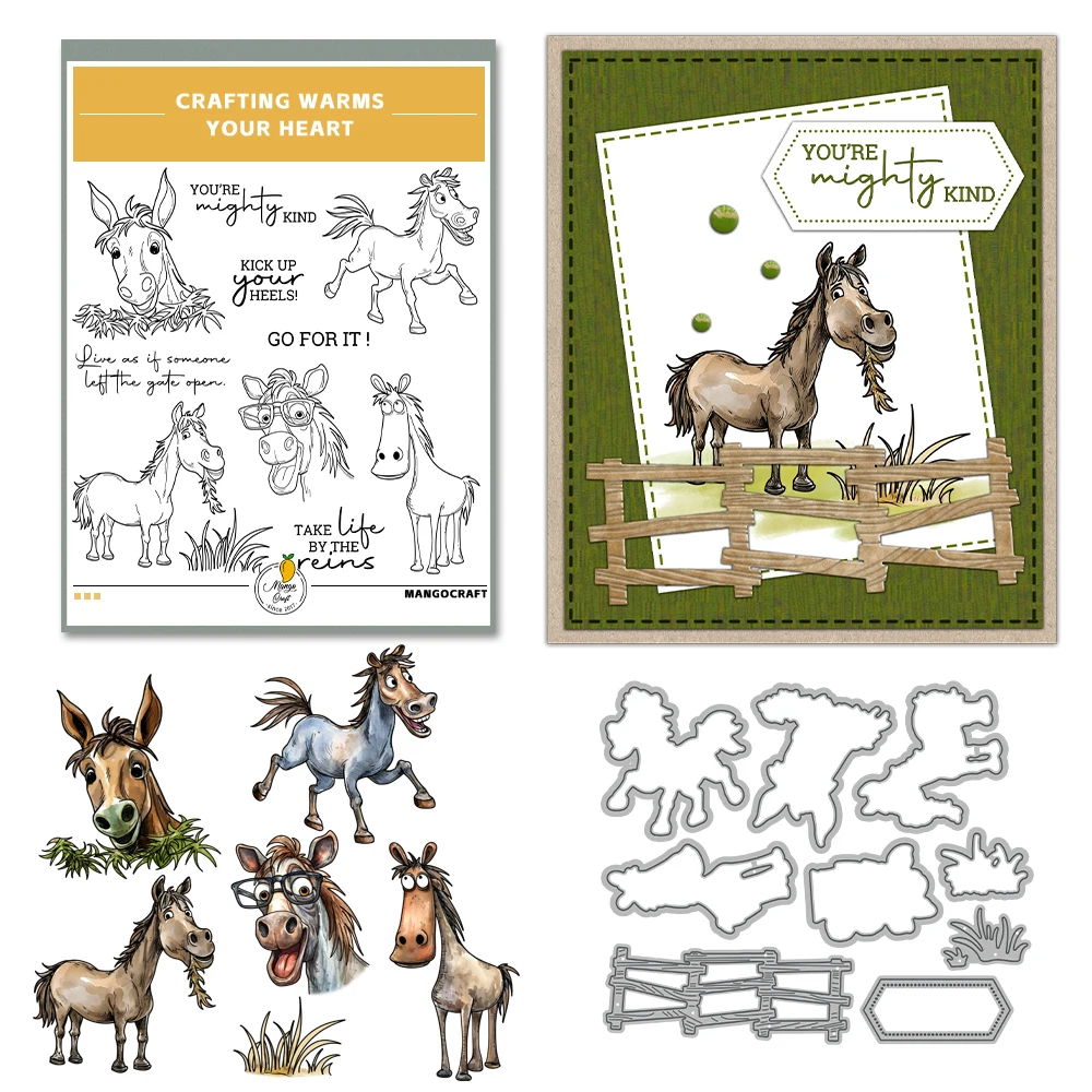 Mangocraft Cartoon Horse Cutting Dies Clear Stamp DIY Scrapbooking Supplies Metal Dies Silicone Stamp Cards Albums Decor