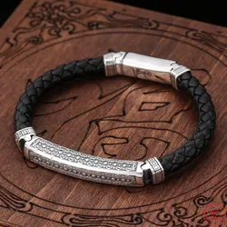 S925 Sterling Silver Charm Bracelets for Men Men's Fashion Buddhist Peace Totem Leather Bangle Argentum Amulet Jewelry