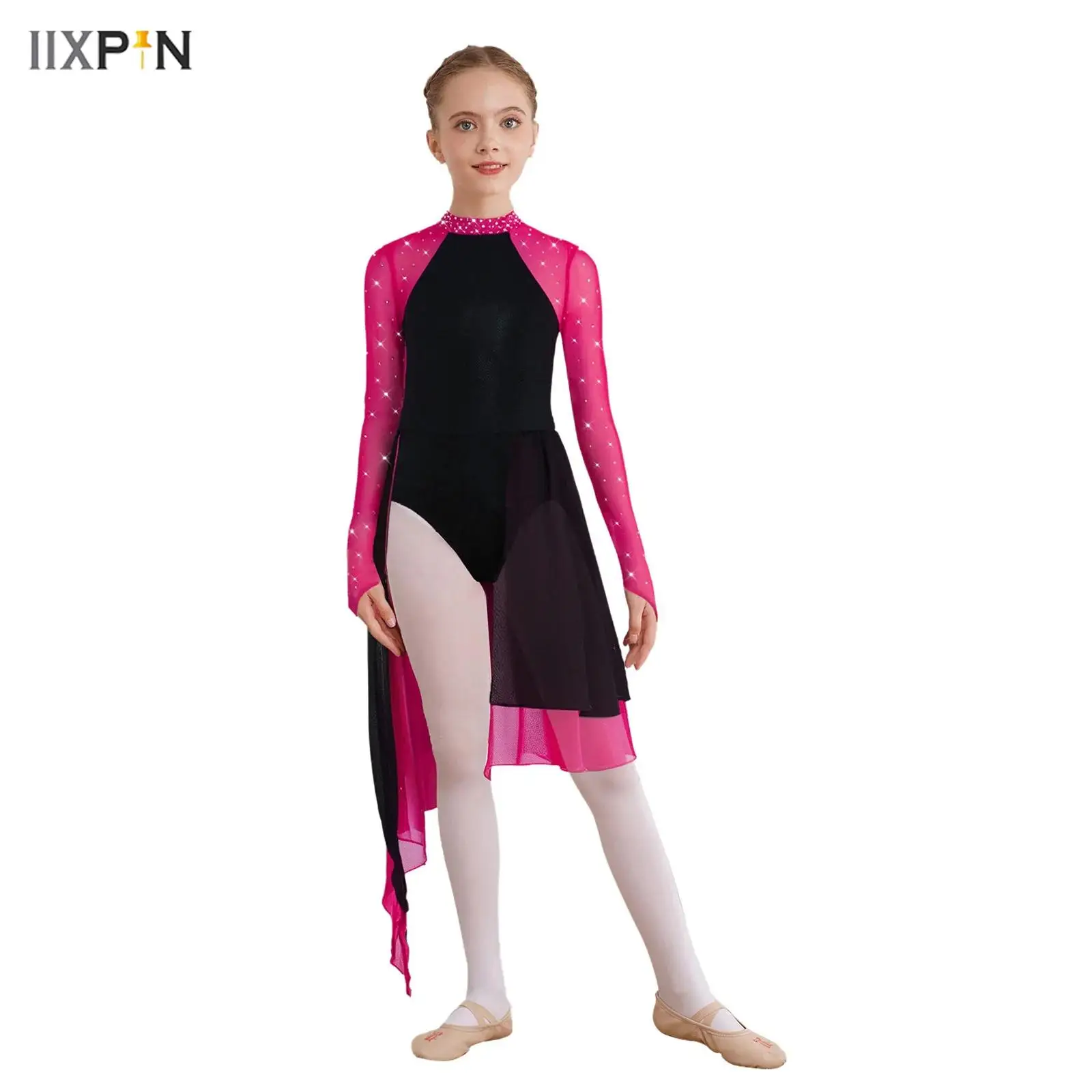 

Kids Girls Shiny Rhinestones Lyrical Dance Leotard Dress Long Sleeve Bodysuit Contrast Color Slit Skirt Figure Skating Dress
