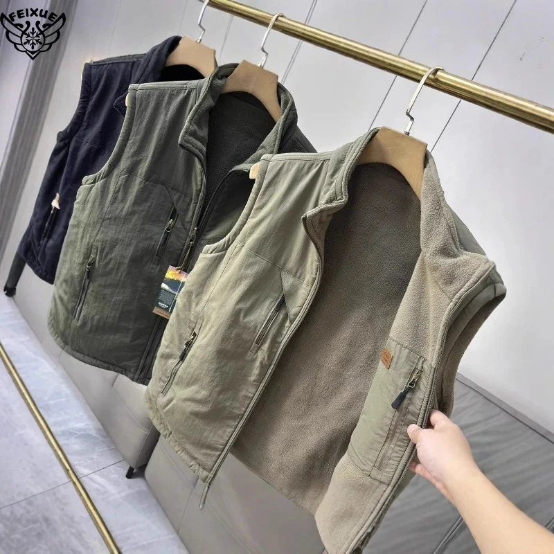 

Reversible Men's Vest Jacket Waterproof & Polar Fleece Multi-Pocket Stand Collar Sleeveless Jackets for Outdoor Autumn Winter