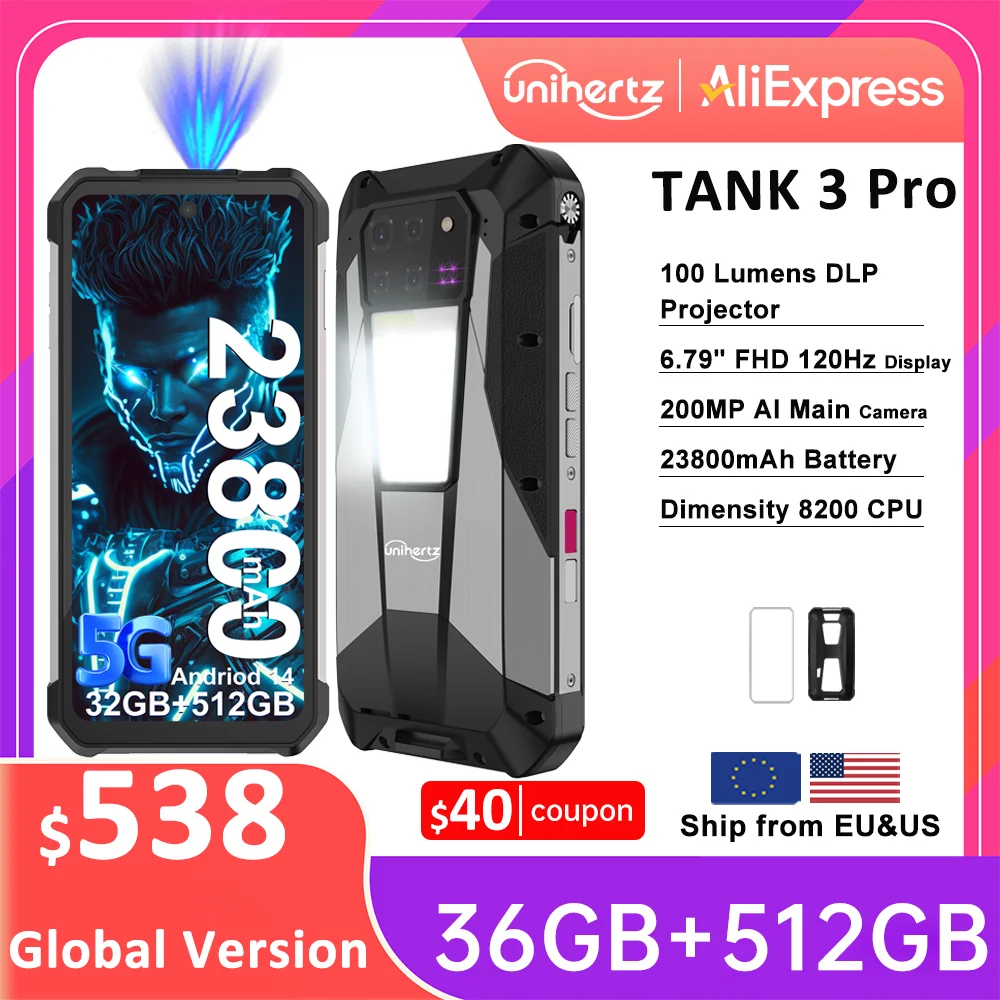 Unihertz Tank 3 Pro 8849 Projetor Smartphone Android 14 5G Phone, 32GB 512GB, Câmera 200MP, Dimensidade 8200, IP68, Bluetooth 5.3