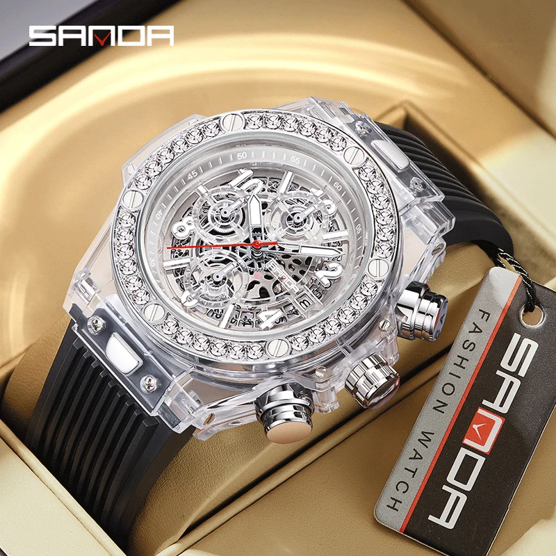 SANDA Topmerk Mode Heren Quartz Horloges Luxe Water Diamond Business Mannen Horloge Waterdicht Chronograaf Hoge Kwaliteit Heren Horloge