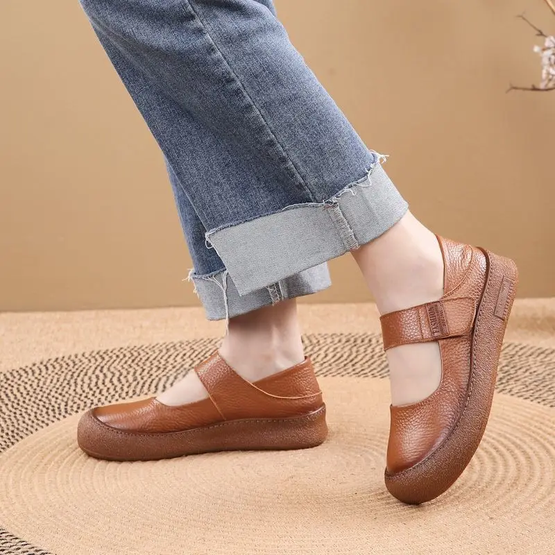 أصيلة جلد البقر الأصفر المرأة الشقق الصيف ماري جين أحذية لينة Strappy متعطل اليومية عارضة أحذية السيدات تنفس