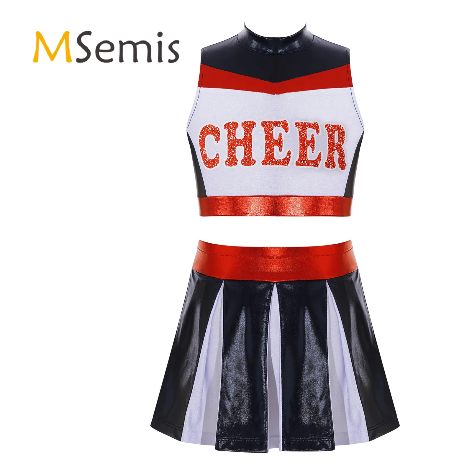 Kids Girls Cheerleading Unform Sleeveless Round Collar Letter Print Hollow Back Crop Top with Elastic Waistband Pleated Skirt