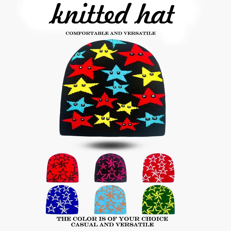 Warm Street Versatile Color Block Beanies Fashion Autumn and Winter New Unisex American Hip Hop Five-pointed Star Knitted Hats