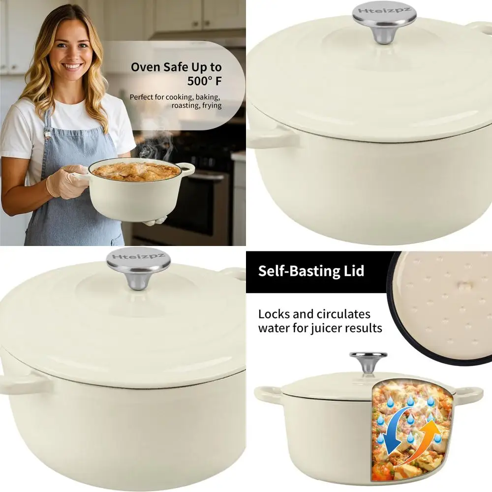 

5.7 Quart Enamel Cast Iron Dutch Oven Pot with Lid, Oven Safe for Bread Baking, Braising, Roasting, Stews, White