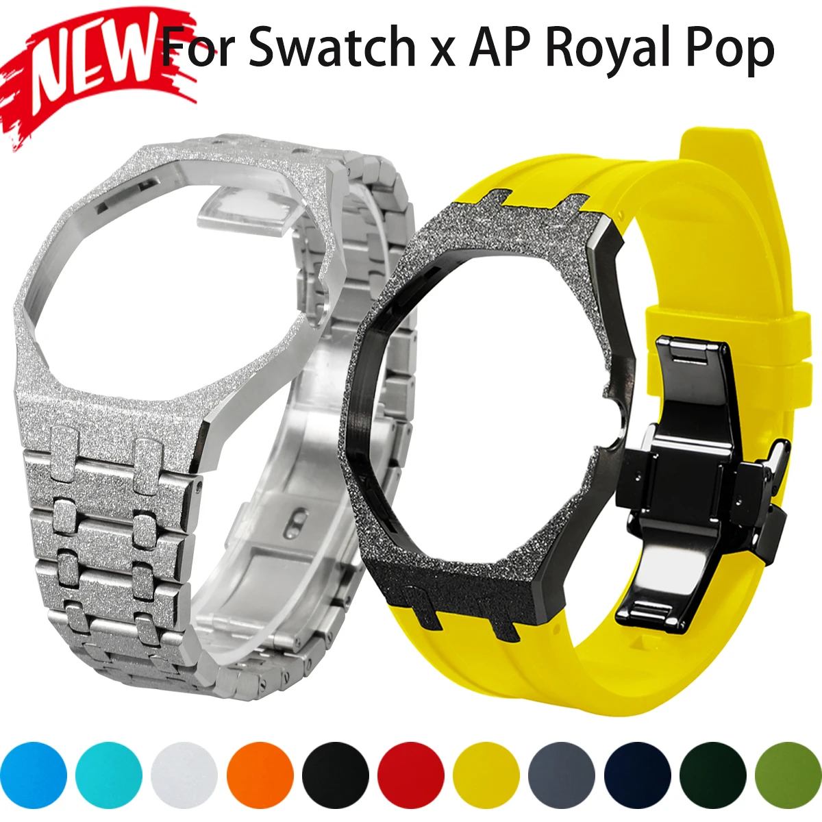 Shiny Case + Stainless Steel/Silicone/Nylon Band for Swatch X AP Royal Pop Pocket Watch Luxurt Mod Kit 3/12 'O Clock Strap Cover