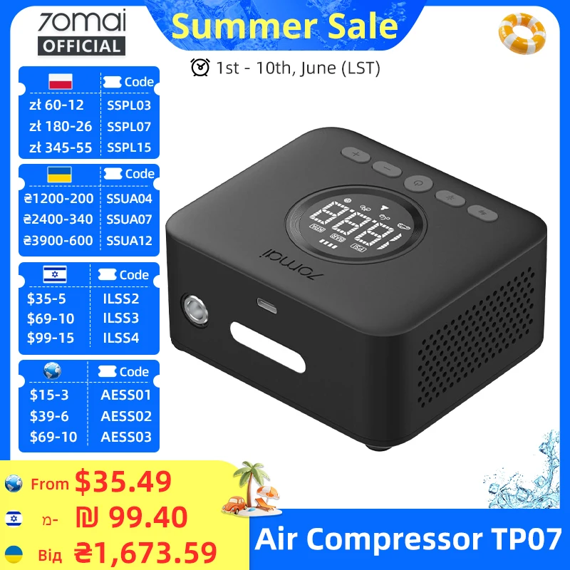 70mai Cordless Air Compressor 2 TP07 Upgraded Large Cylinder 5 Inflation Mode Portable Car Air Pump 70mai TP07 Beginner-friendly