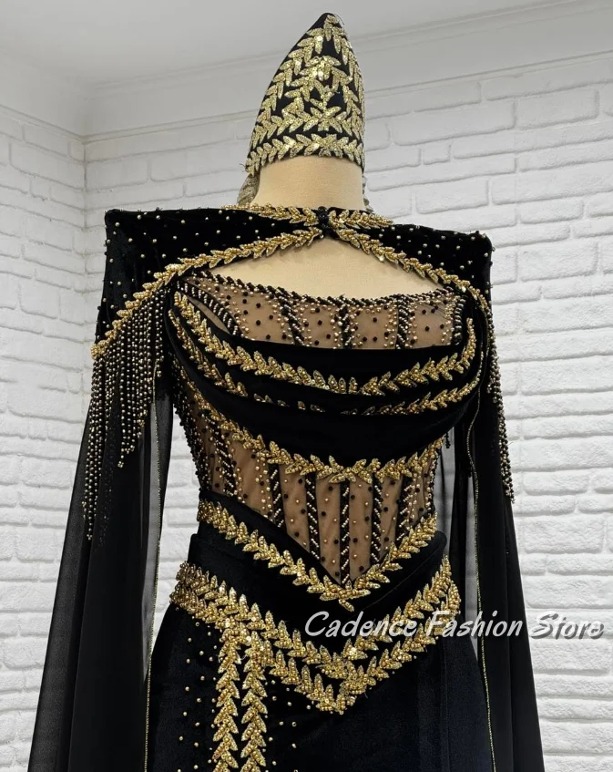Preciosos vestidos de fiesta tradicionales negros personalizados, chal de tubo, vestido de noche árabe con cuentas de lujo para mujer, caftán