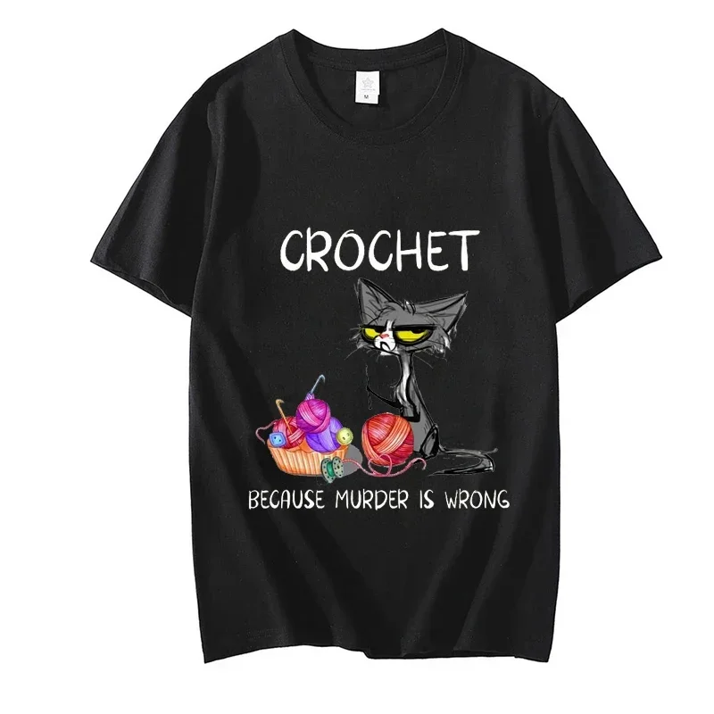 T-shirt à manches courtes au crochet pour femme, t-shirt décontracté, vêtements esthétiques, t-shirt d'été, chat, parce que le meurtre est une mauvaise attitude