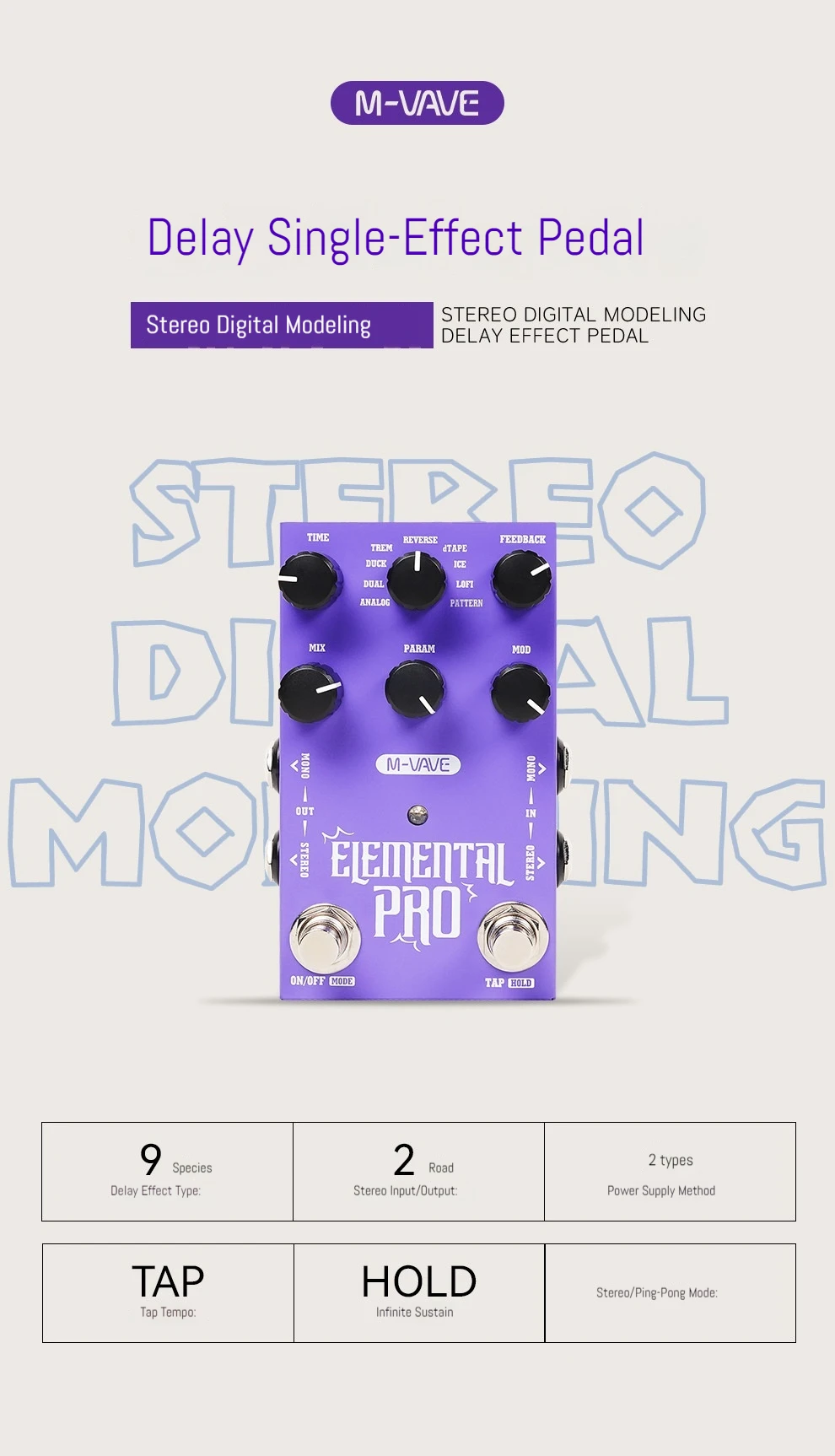 M-VAVE ELEMENTAL PRO Digital Delay Effects Pedal 10 Premium Delay Algorithms Unique Echo Dual Power Support For Guitar Bass ﻿ - view 2