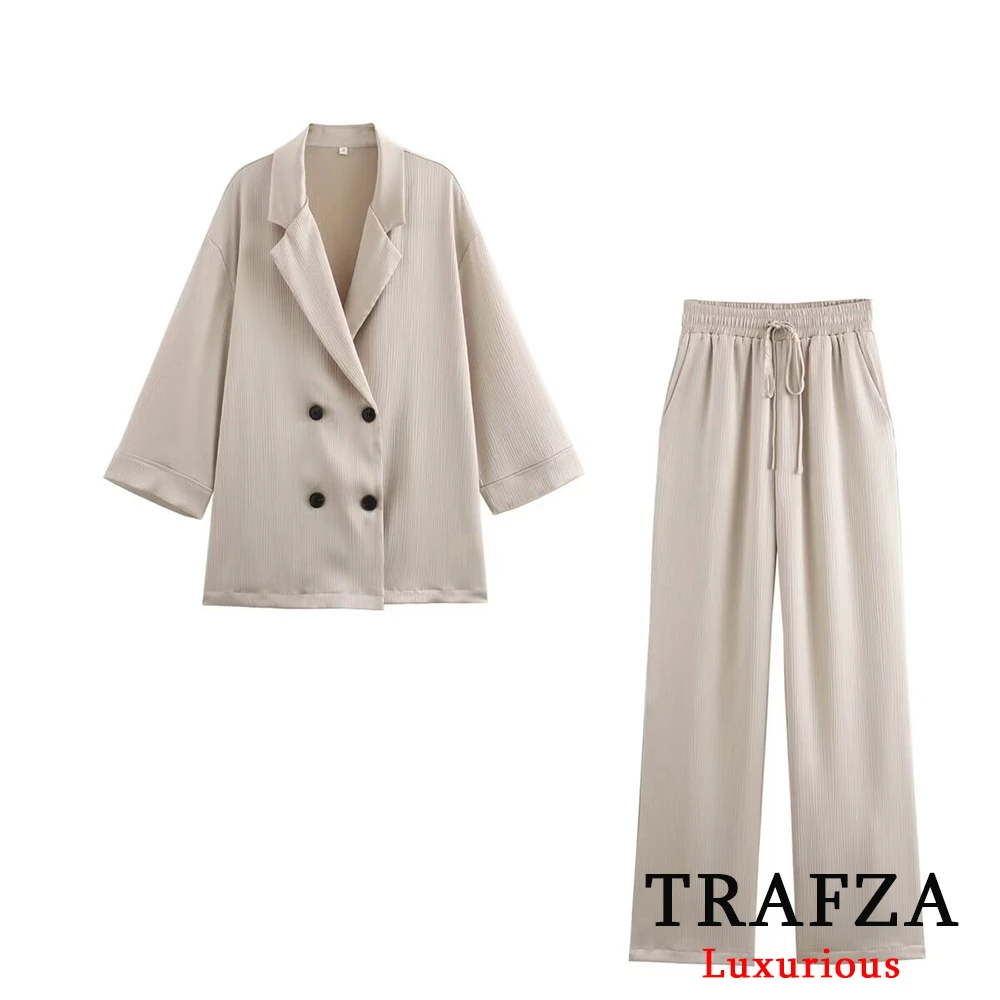 TRAFZA Casual Beige Shiny Women Blazer Suits V Neck Double Buttons Loose Blazer+High Waist Wide Leg Pants Fashion 2024 Suits