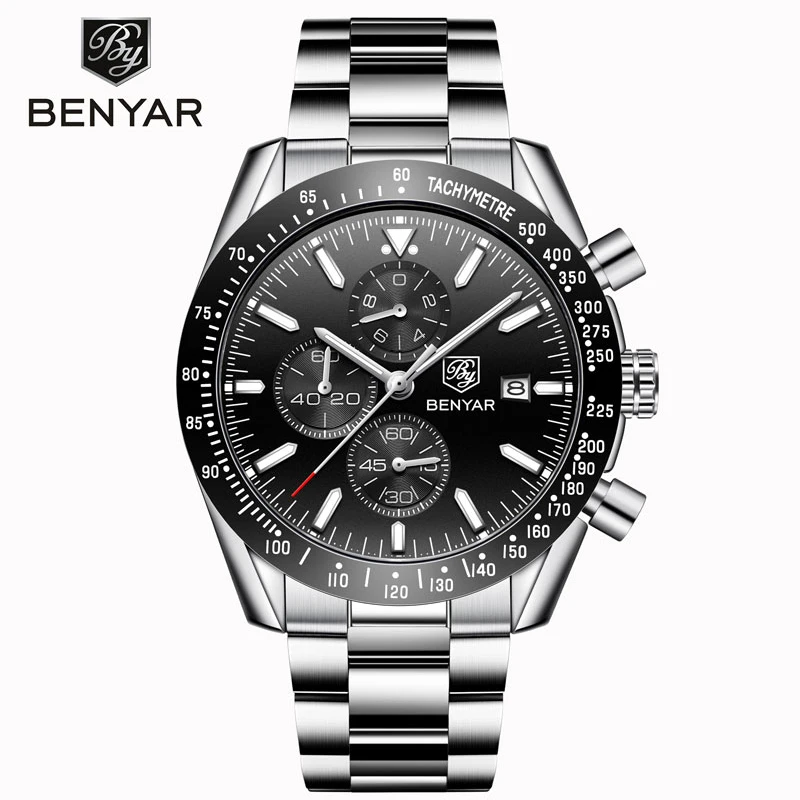 BENYAR 5140 ساعة رجالي جديدة العلامة التجارية الفاخرة الأعمال الصلب ساعة كوارتز رجالية 30 متر مقاوم للماء ساعة عادية Relogio Masculino
