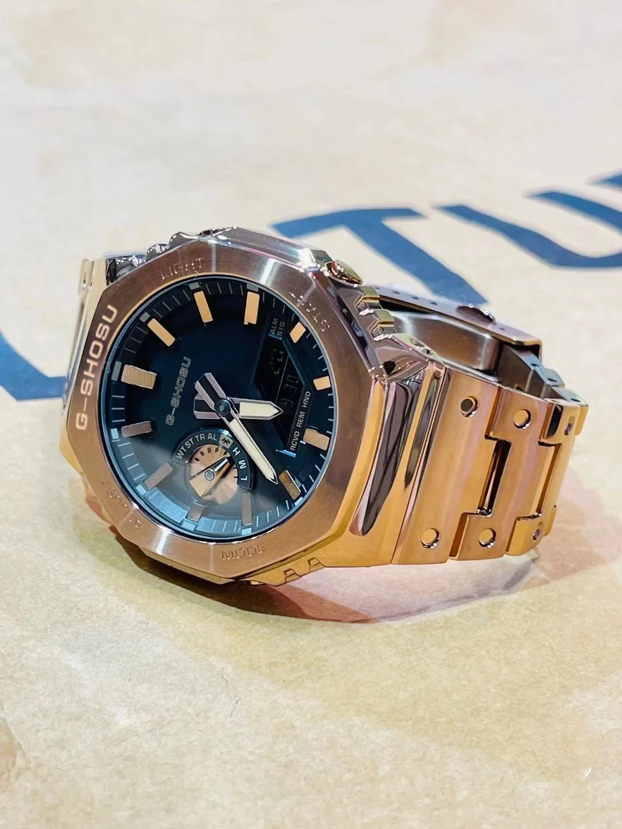 ساعة رقمية رياضية إلكترونية للجنسين، وظيفة كاملة، سبائك LED، قرص كبير، حزام فولاذي للتوقيت العالمي، سلسلة GMB Oak