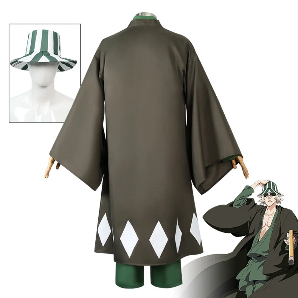 Anime wybielacz Cosplay Urahara Kisuke kostium Halloween karnawał kostium imprezowy mężczyzn czarne spodnie Kimono kapelusz stroje ubrania