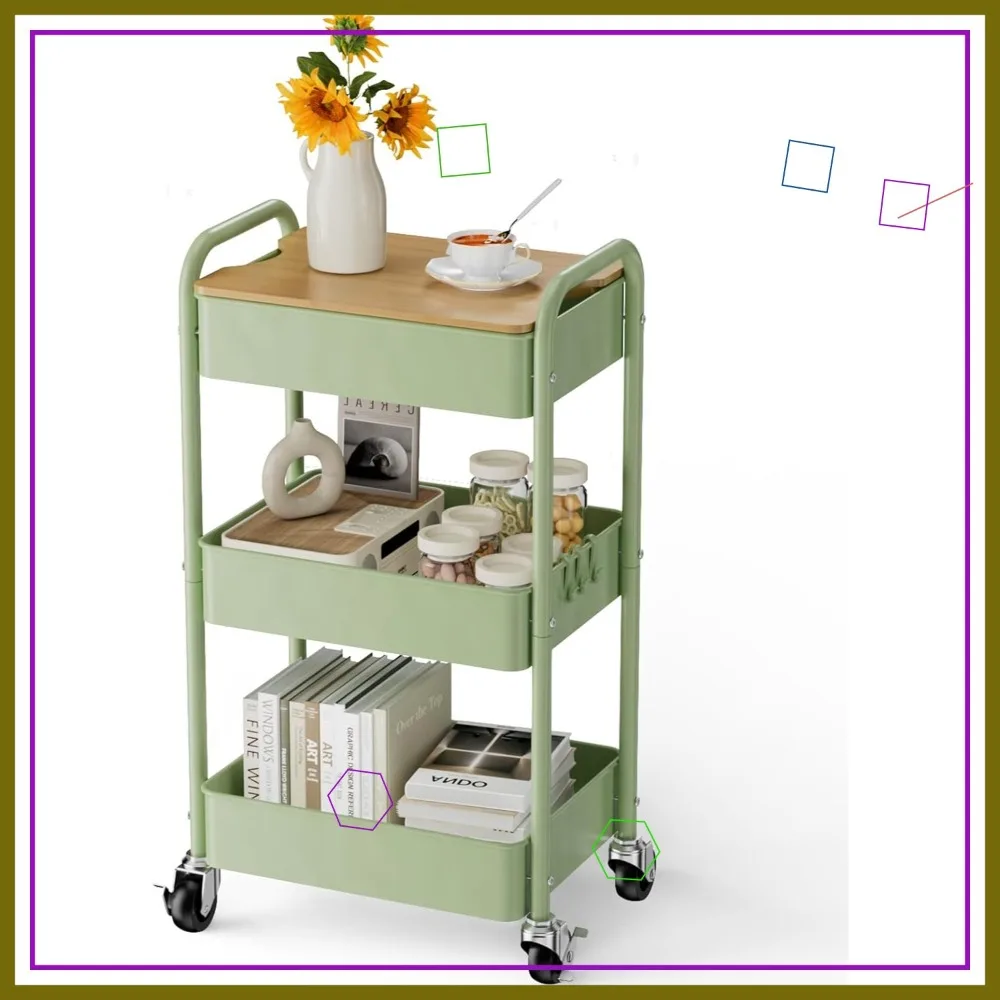 

Трехуровневая тележка на колесиках со столешницей, металлическая универсальная тележка с фиксируемыми колесами и крючками для офиса, кухни, ванной комнаты