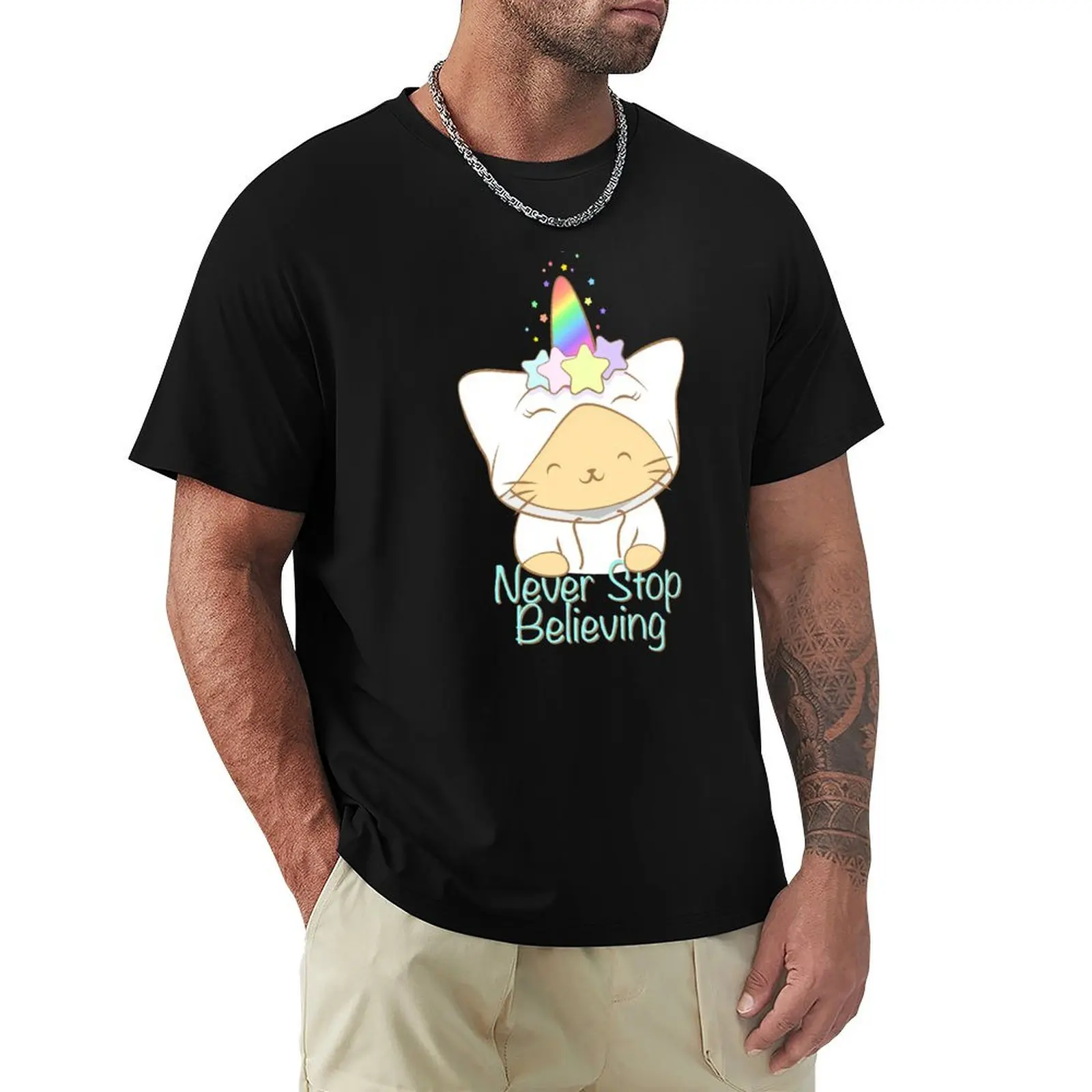 

Caticorn the Unicorn Cat in Hoodie - Never Stop Believing (in Magic) T-Shirt Basic Regular Fit Casual T-Shirt