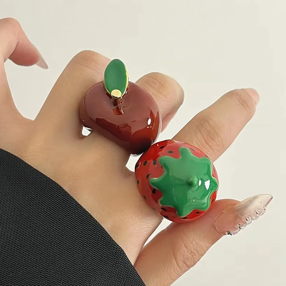 Vintage Enamel Dripping Oil Apple Strawberry Chunky Ring for Women Girls Cute Sweet Delicate Unique Y2K Jewelry Gifts