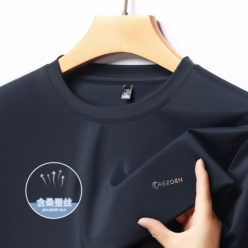 Kaos Lengan Panjang Sutra Mulberry Berkualitas Tinggi untuk Pria, Kaos Leher Bulat 2025 Musim Gugur, Tahan Kerut dan Bebas Setrika, Atasan Dasar