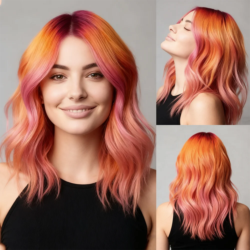 

Модный и элегантный наряд с оранжево-розовым коротким париком с разрезом, синтетическим волокном 16 дюймов, для ролевых игр, вечеринок