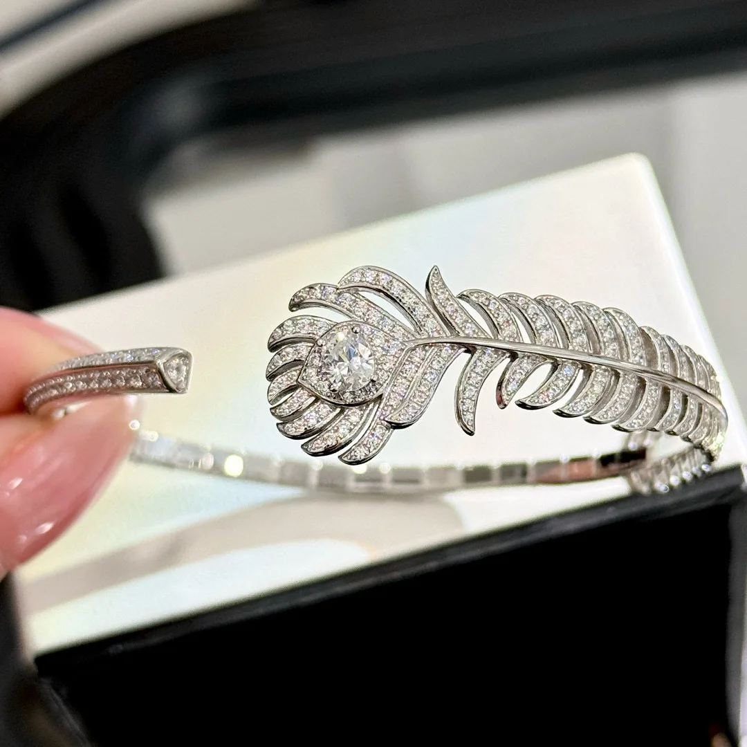 Luxury Brand Pure 925 Sterling Silver Jewelry For Women Feather Diamond Cuff Design Wedding Jewelry Engagement Bracelet