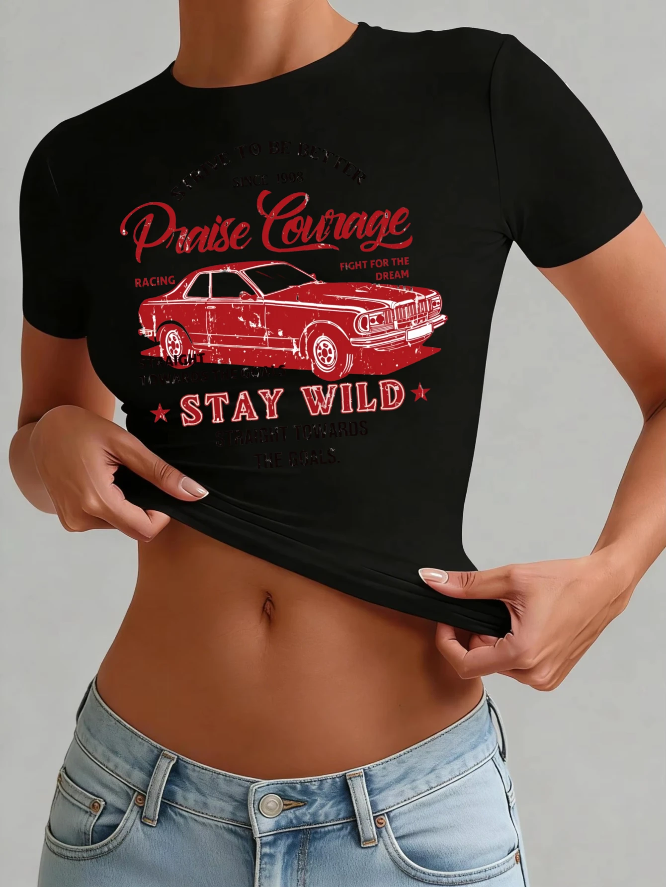 Vintage Retro Style, Women's T-Shirt, Red Classic Muscle Car With Praise Courage Stay Wild Graphic Print, Summer Casual Daily We