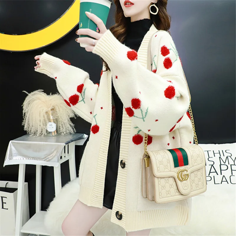 Autumn Winter V-Neck Long Sleeve Sweater Cardigan Women Jacket Coat Loose Thick Warm Knitwear Cherry Embroidery Knitted Cardigan