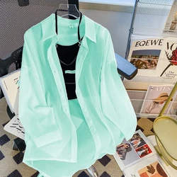 2024 Shirt for Women Clothing Blouse Long Sleeve Top Female Chiffon Loose Cardigan Thin Sexy Solid Color Casual Sunscreen Shirt