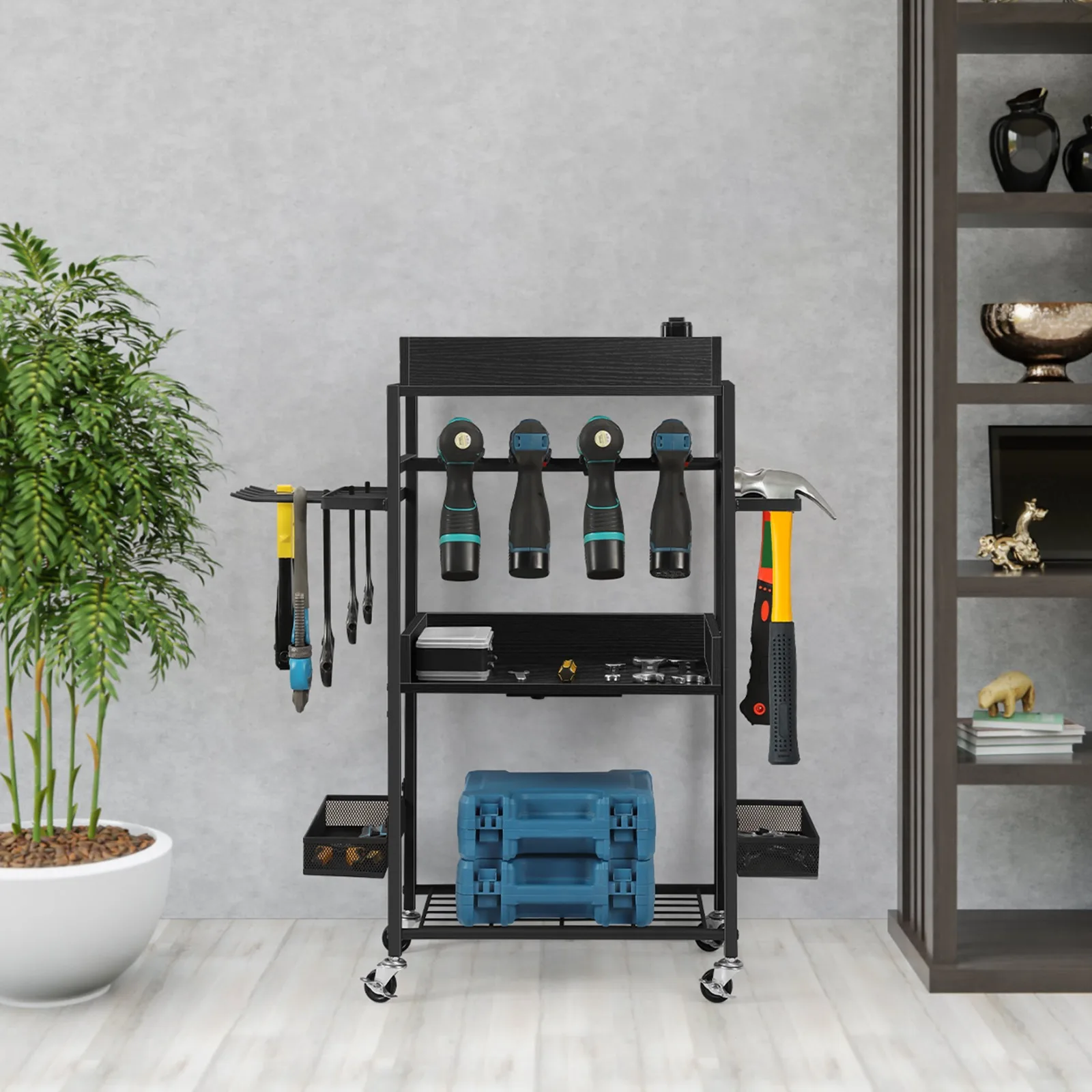 Power Tool Organizer Storage Cart with Charging Station, Garage Tool Box,Practical Rolling Tool Cabinet with Wheels for Mechanic