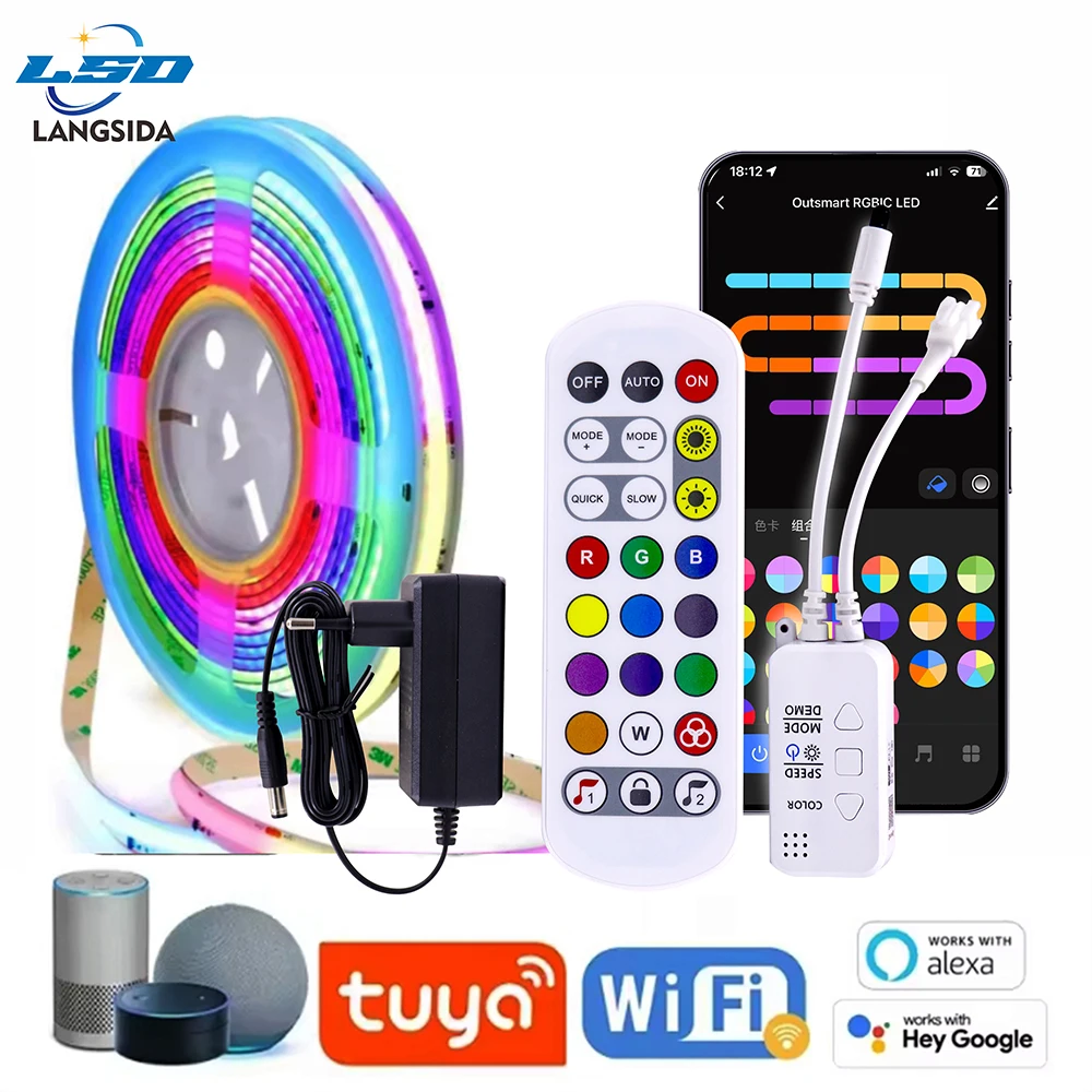 WS2811 COB RGBIC LED Strip Light Tuya WiFi Smart Kit Flexible Diode Light with 12V/24V Controller for Room Decor COB RGBIC Strip