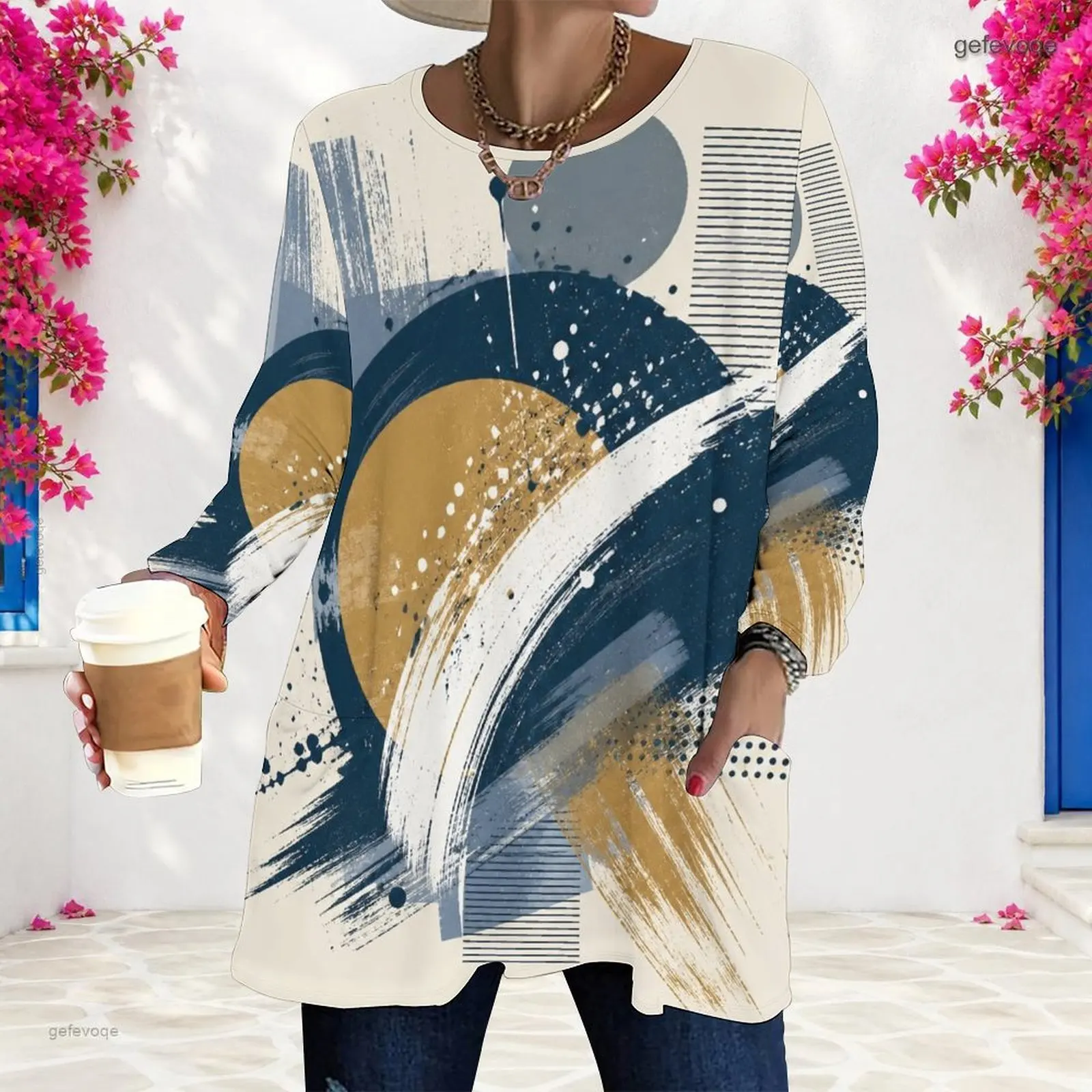 Women Abstract Brush Stroke Geometric Print Round Neck Long Sleeve Loose Longline Top with Pockets