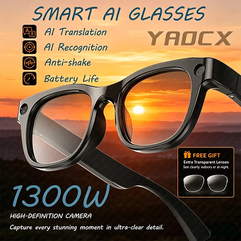 

2026 New 1300W Smart Glasses Built-in HD Camera Anti-Shake AI Translation AI Recognition 320mAh Music Phone Calls Smart Glasses