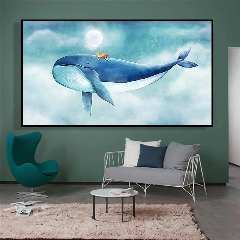 

Blue Whale in the Sea Posters and Prints Picture Animal Cartoon Canvas Painting Nordic Wall Art Blue Picture for Kids Wall Decor