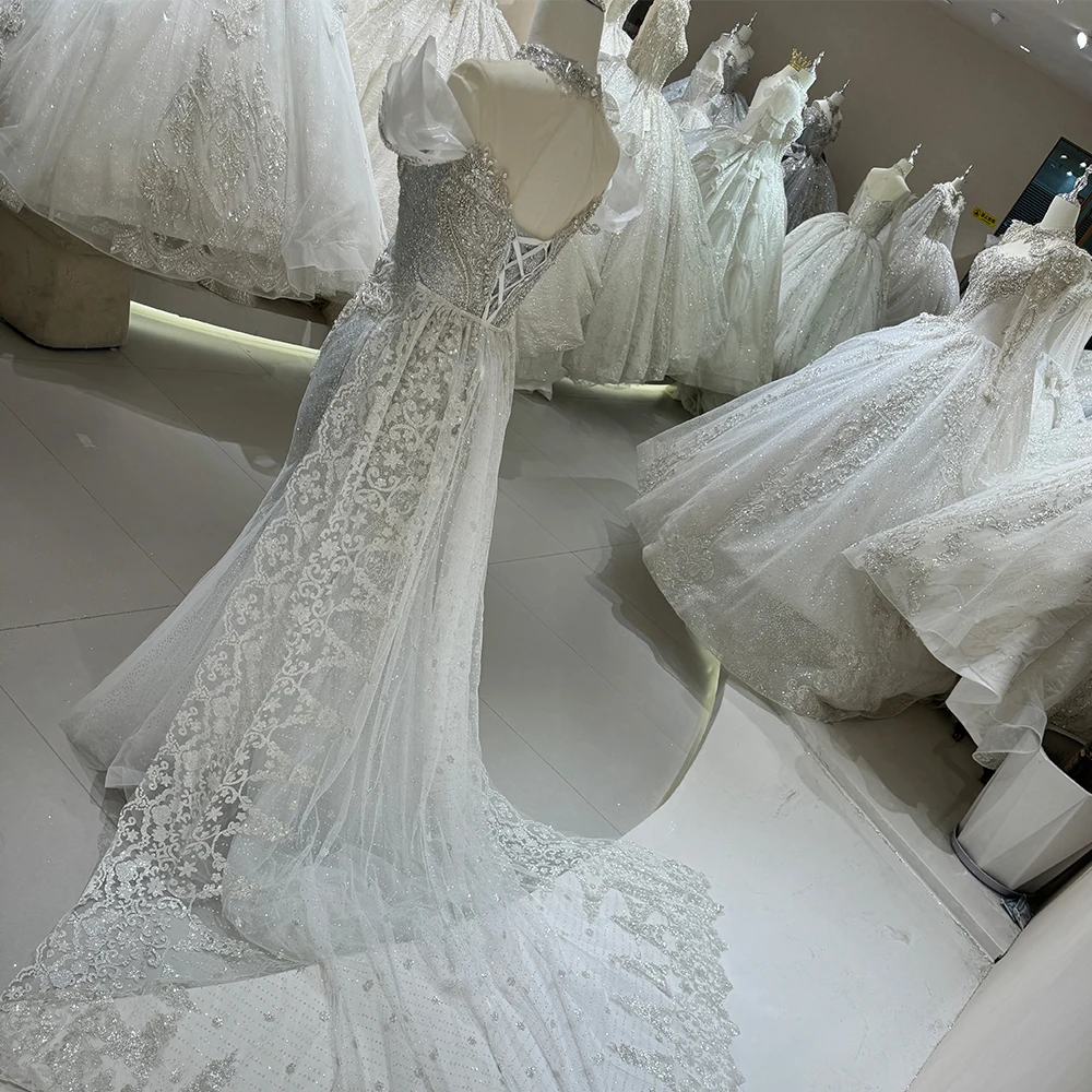 فساتين زفاف أنيقة حورية البحر للنساء قبالة الكتف فساتين العروس المخصصة قصيرة الأكمام الدانتيل رداء دي ماريج #5