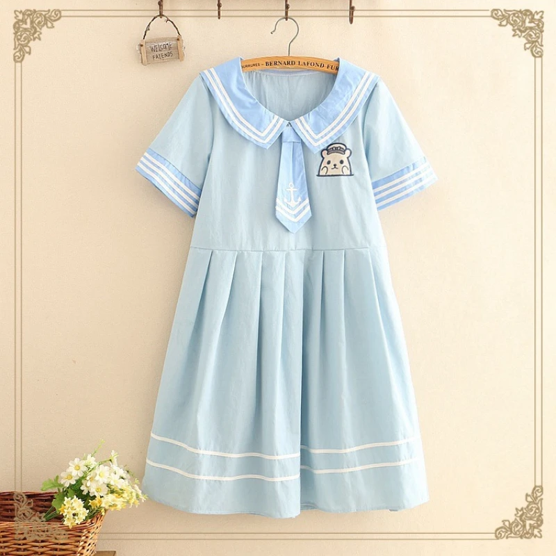 Summer Cute Sailor JK Dress Little Bear Embroidery Design Japanese School Girl Uniform Light Blue Kindergarten Little Duckie Hat