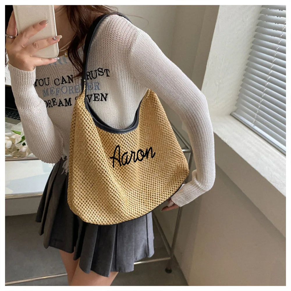 Embroidered Fashion Retro Grass Woven Tote Bag Personalized Custom Versatile Large Capacity Shoulder Bag Beach Bag Handbag