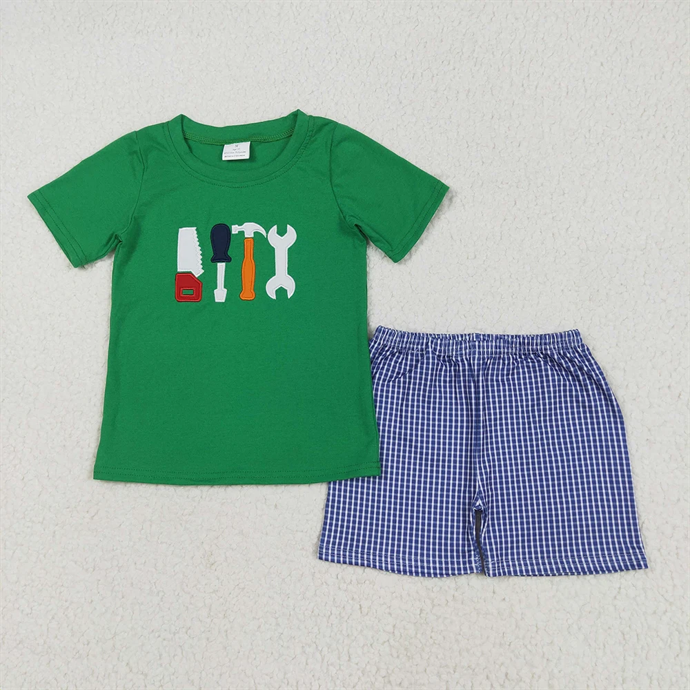 

Baby Boys Embroidery Green Checkered Shirt And Plaid Shorts Set Short Sleeve Tool Top Outfit for Boys